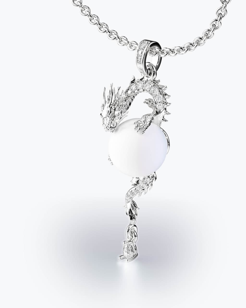 White gold dragon pendant arcing over a white gemstone sphere with a diamond pavé spine and a pear-shaped diamond drop, on a cable chain — 3D render by 4rend Studio