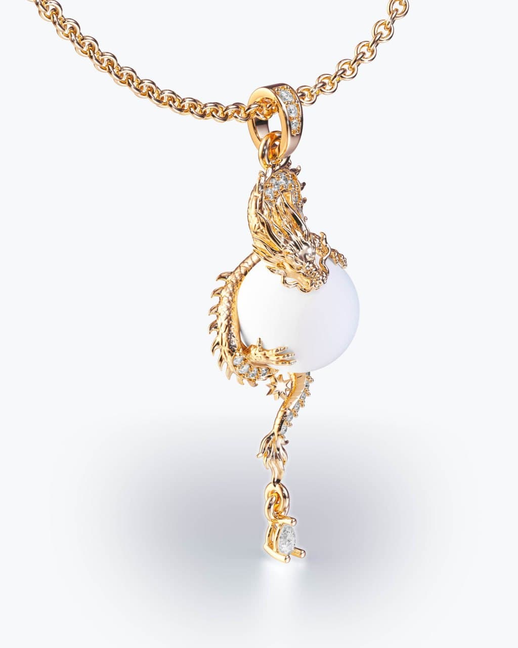 The same coiled dragon pendant model rendered in yellow gold, wrapped around a white gemstone sphere with a diamond pavé spine and star accent — 3D render by 4rend Studio