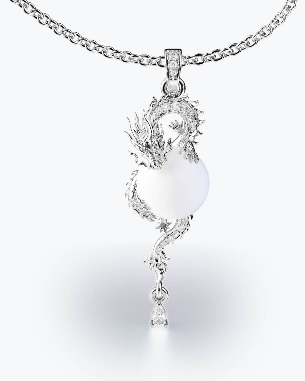 White gold dragon pendant with a full flowing mane wrapped around a white gemstone sphere, tapered diamond pavé bail and pear-shaped diamond drop — 3D render by 4rend Studio
