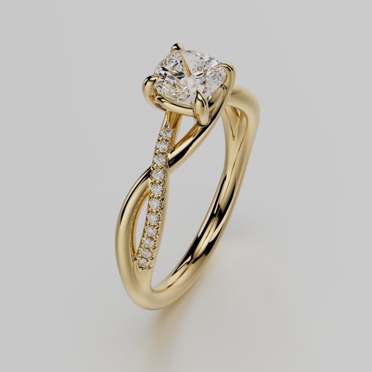 Three-quarter view of a cushion-cut diamond ring with an infinity twist band in yellow gold, photorealistic 3D render by 4rend Studio