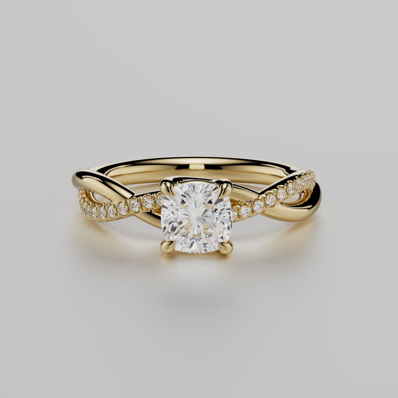 Cushion-cut diamond engagement ring with a twisted pavé infinity band in yellow gold — photorealistic render by 4rend Studio