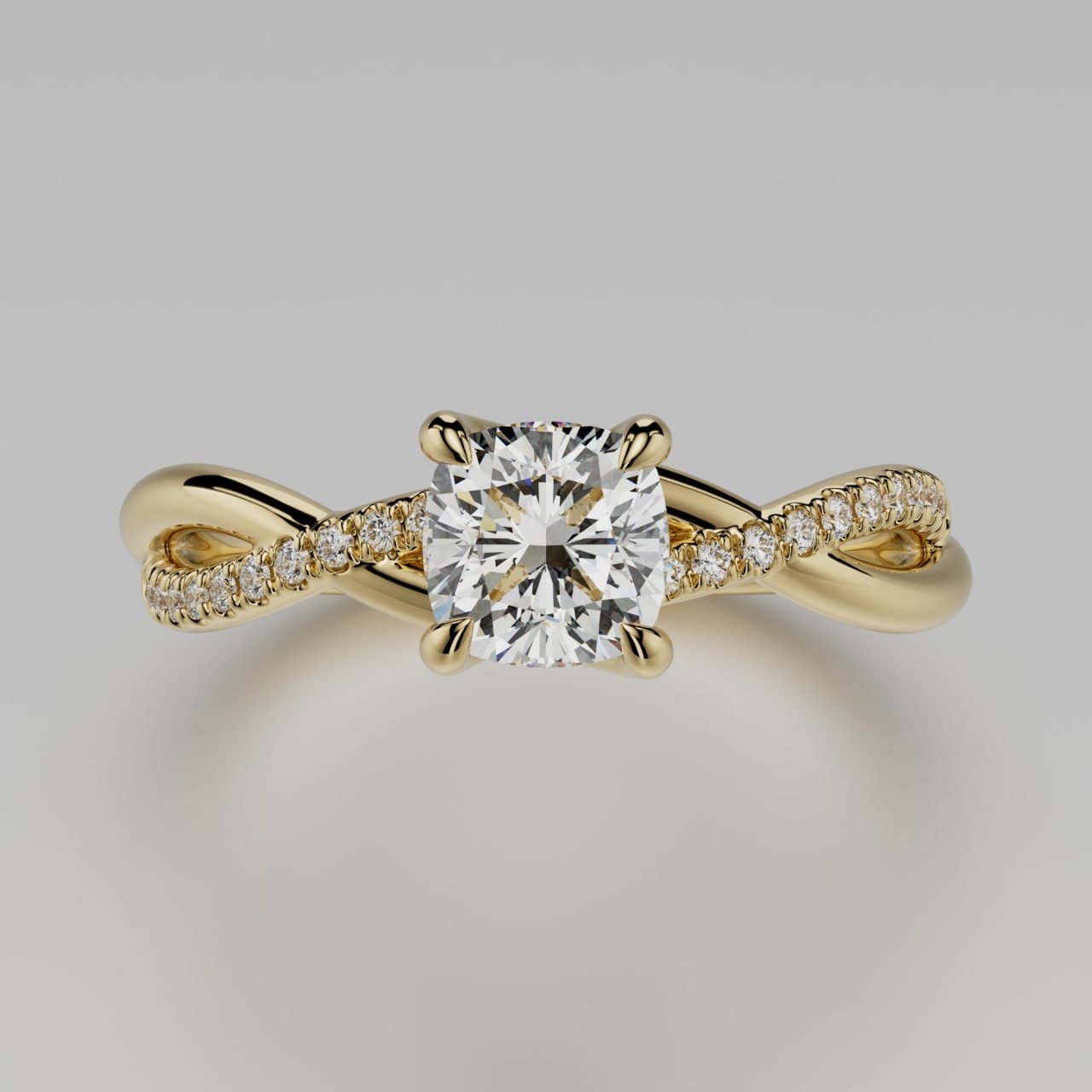 Top-down view of a cushion-cut diamond solitaire with a twisted diamond-set band in yellow gold, studio 3D render by 4rend Studio