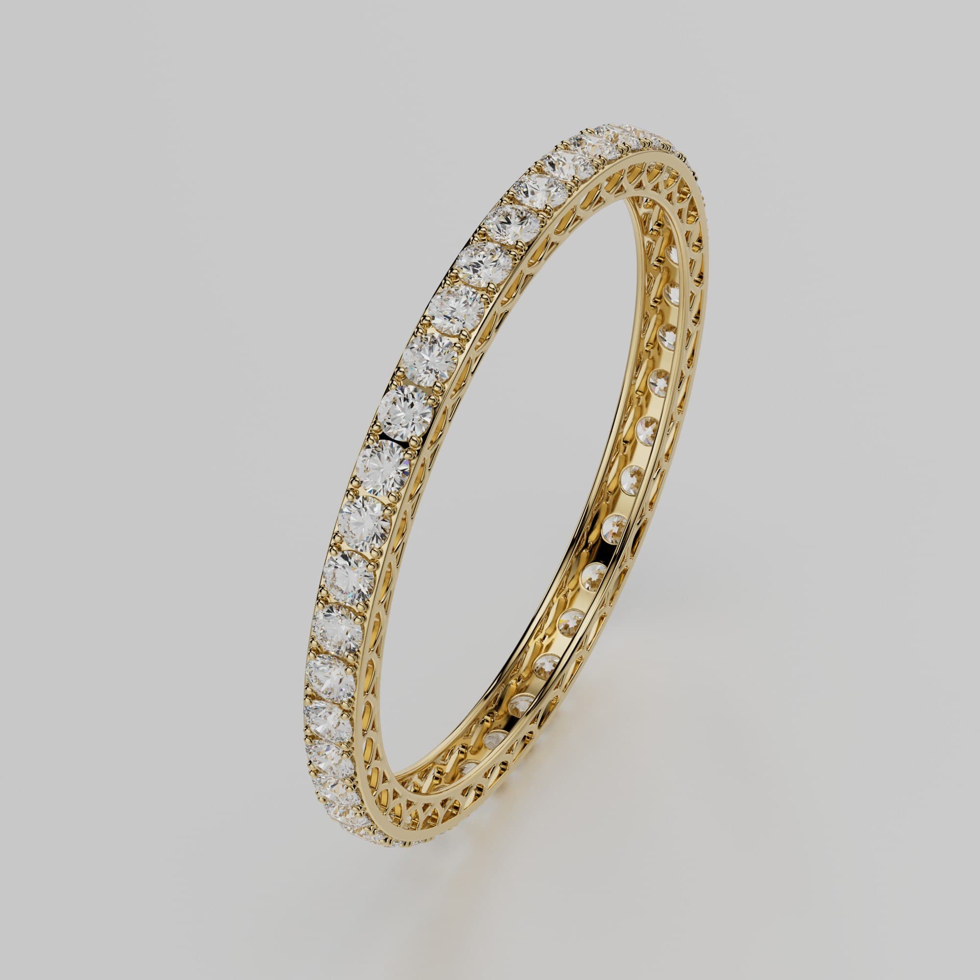 Yellow-gold diamond eternity band, angled view — photorealistic 3D render by 4rend Studio