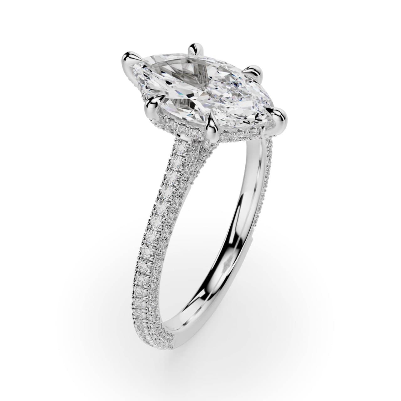 Marquise-cut diamond solitaire in white gold with a micro-pavé band, front view — photorealistic 3D render by 4rend Studio