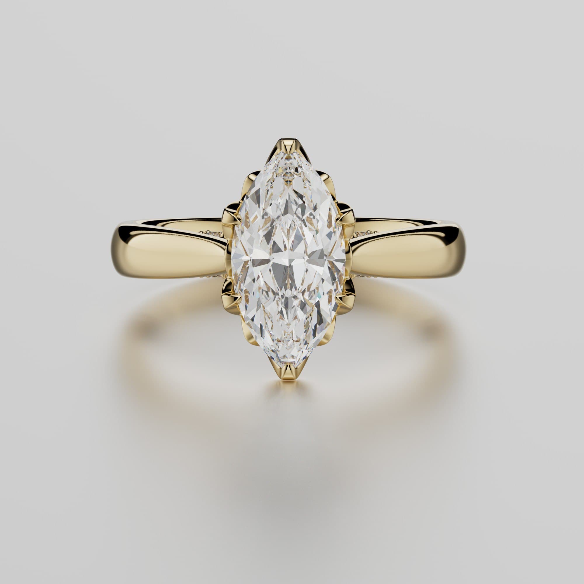 Marquise-cut diamond solitaire engagement ring in yellow gold, front view on a white background — photorealistic 3D render by 4rend Studio