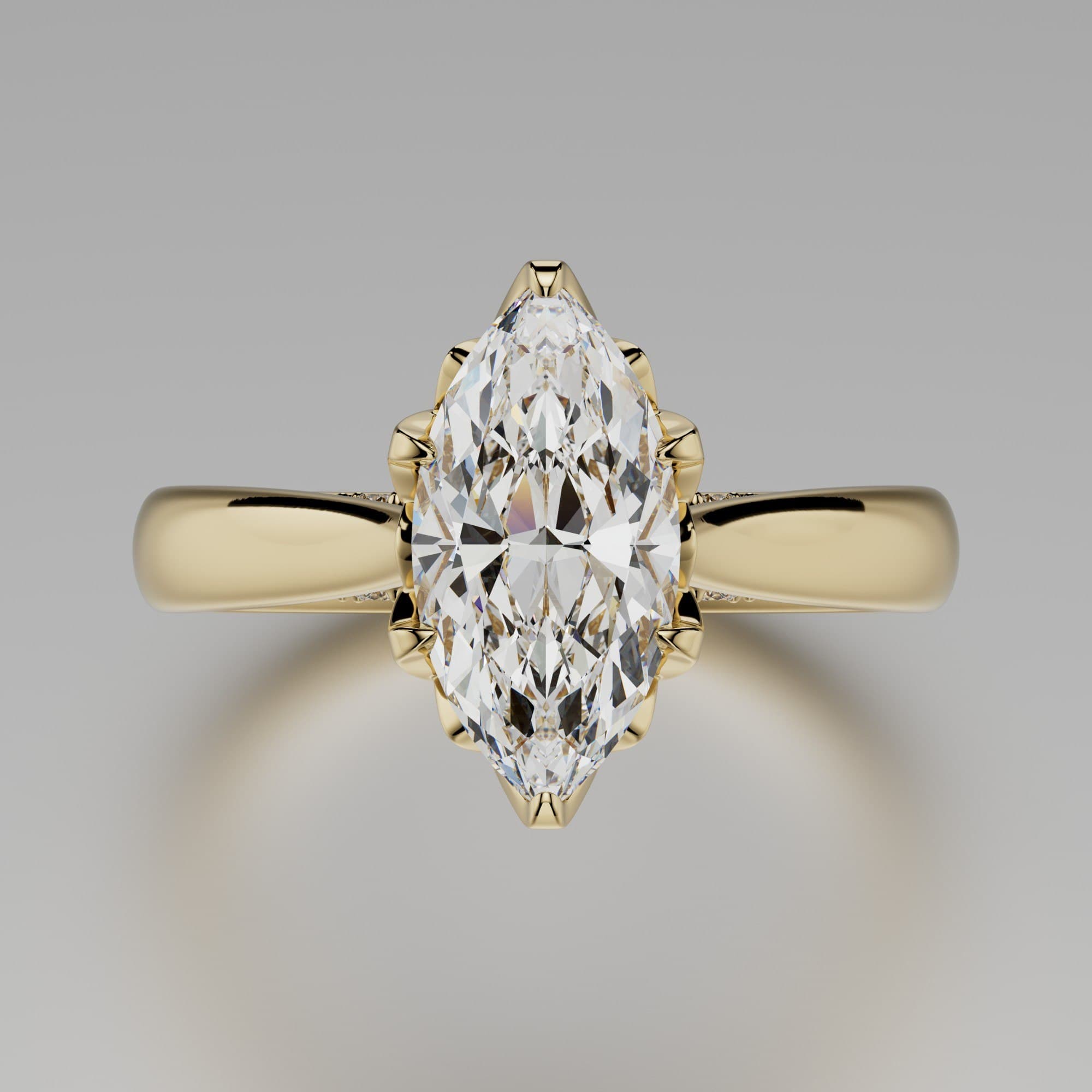 Front view of a marquise diamond solitaire in yellow gold with a diamond-set gallery, photorealistic studio 3D render on a grey background