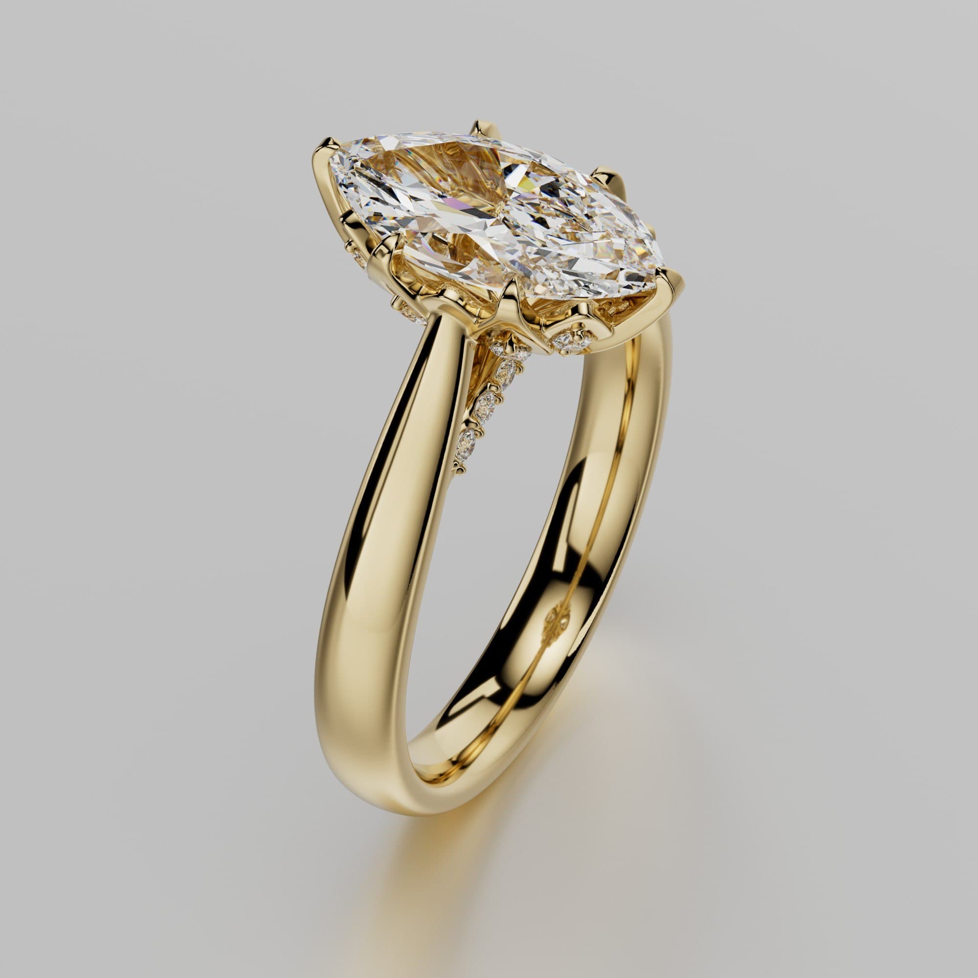 Three-quarter angled view of a marquise diamond solitaire ring in yellow gold, photorealistic 3D rendering prepared for e-commerce