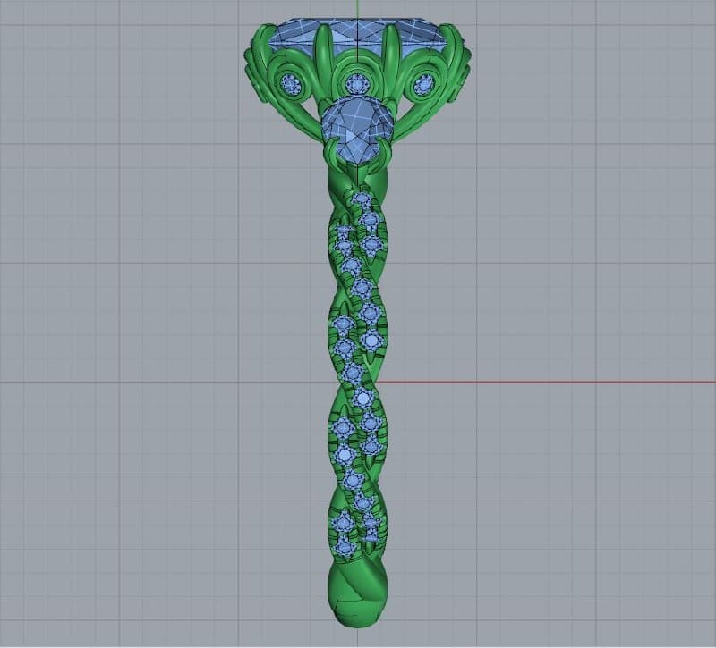Profile view of the CAD model showing the twisted, diamond-set rope shank and the scrollwork gallery beneath the center stone