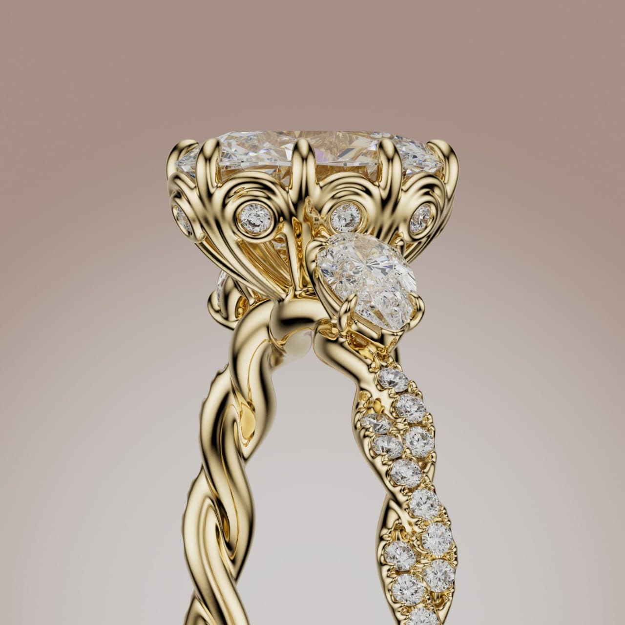 Photorealistic render showing the pear-shaped side diamonds and decorative gallery of the recreated engagement ring in yellow gold