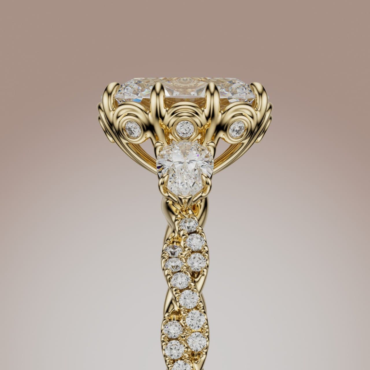 Photorealistic 3D render of a recreated oval three-stone engagement ring in yellow gold — twisted diamond pavé band, ornate openwork gallery and pear-shaped side stones, profile view by 4rend Studio