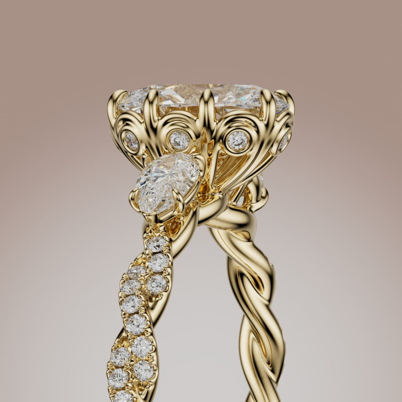 Photorealistic render of the recreated oval three-stone engagement ring in yellow gold, three-quarter view — twisted diamond band and ornate gallery, by 4rend Studio