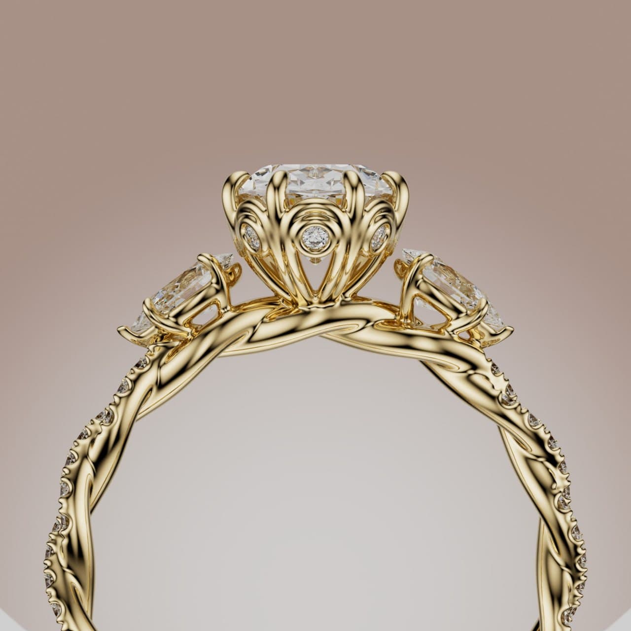 Top-down photoreal render of the recreated oval three-stone ring, showing the center and pear side stones set in a twisted diamond band