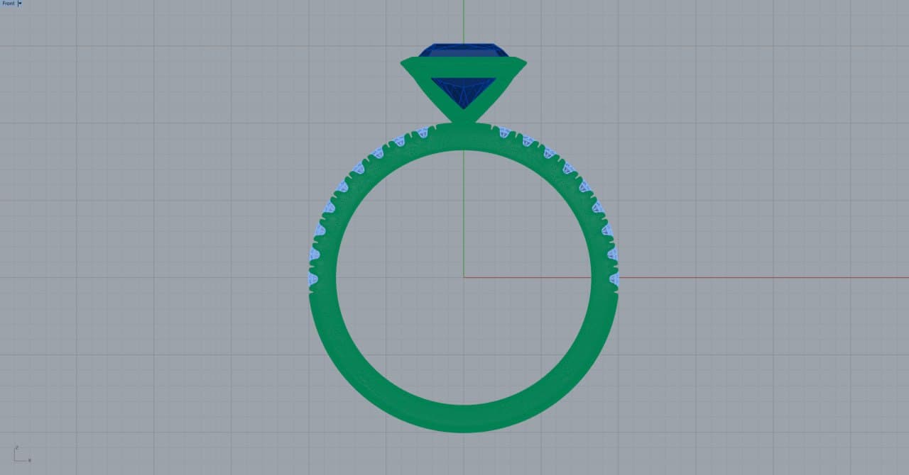 CAD front viewport of the green emerald-cut engagement ring showing the bezel-set head and pavé shank