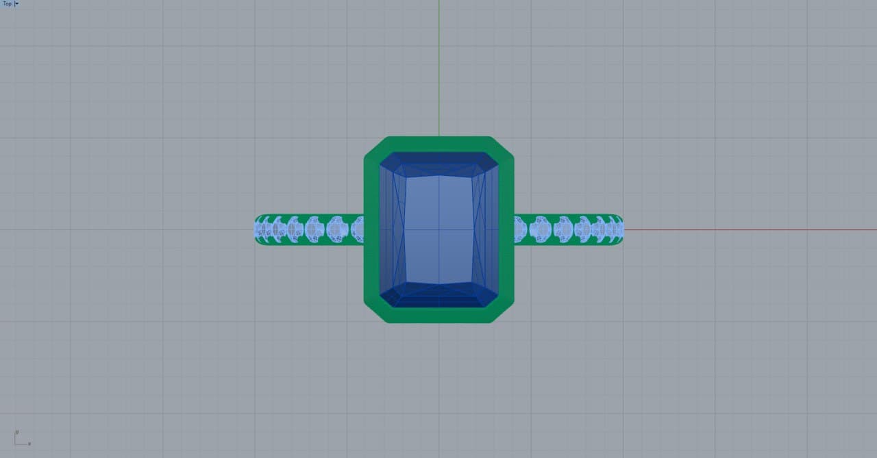 CAD top viewport of the emerald-cut bezel ring showing the pavé band and rectangular center stone, modeled to manufacturing tolerances