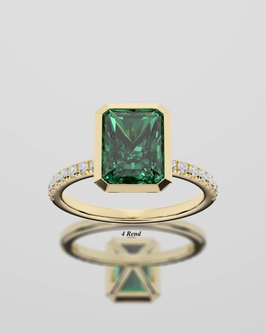 Green emerald-cut engagement ring in yellow gold, alternate front view — the same CAD model restaged, photoreal render by 4rend Studio