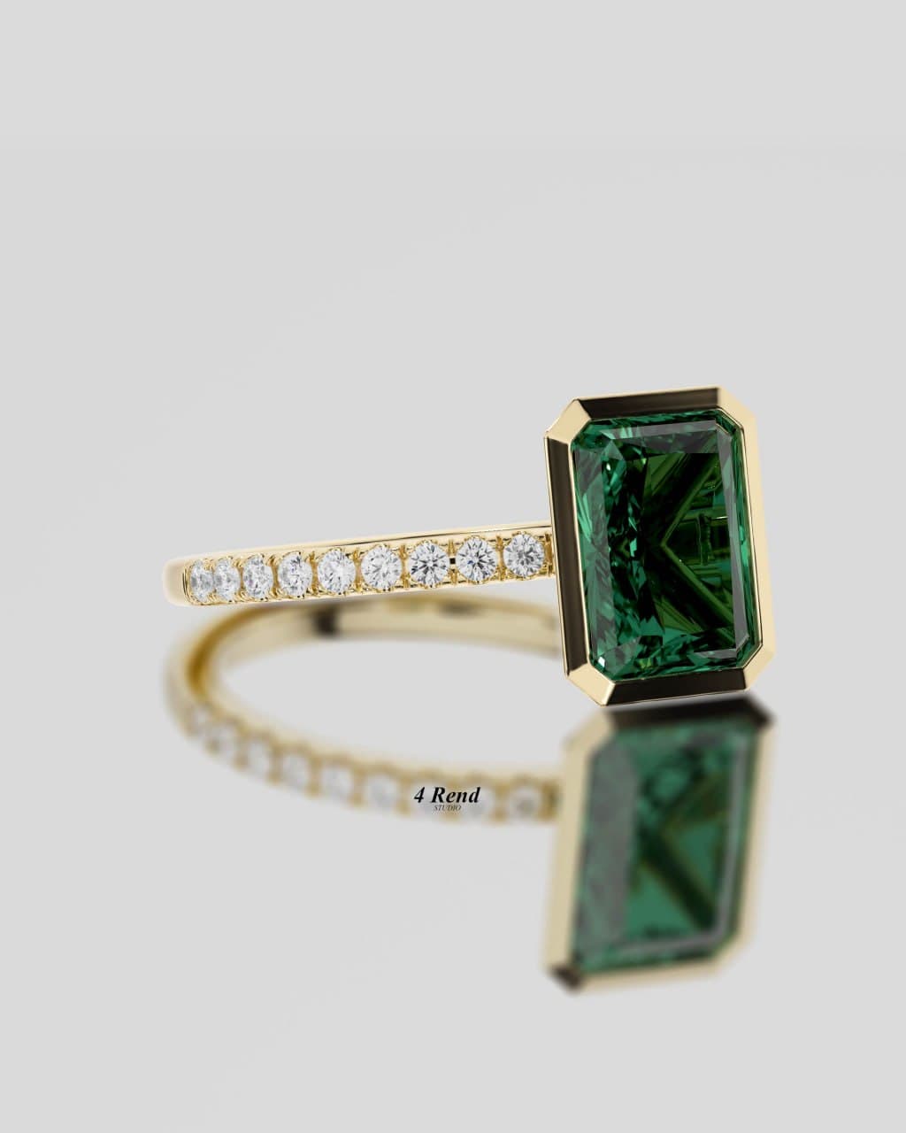 Side profile of the bezel-set green emerald-cut ring with a pavé yellow-gold band — photorealistic 3D render