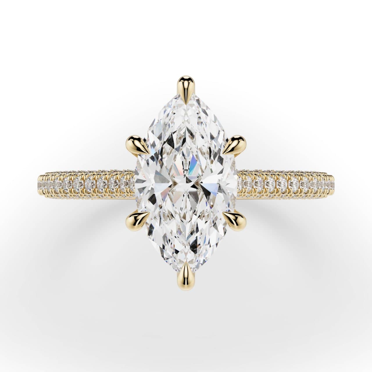 Marquise-cut diamond engagement ring in yellow gold with a fully pavé-set band, front view — photorealistic 3D render by 4rend Studio