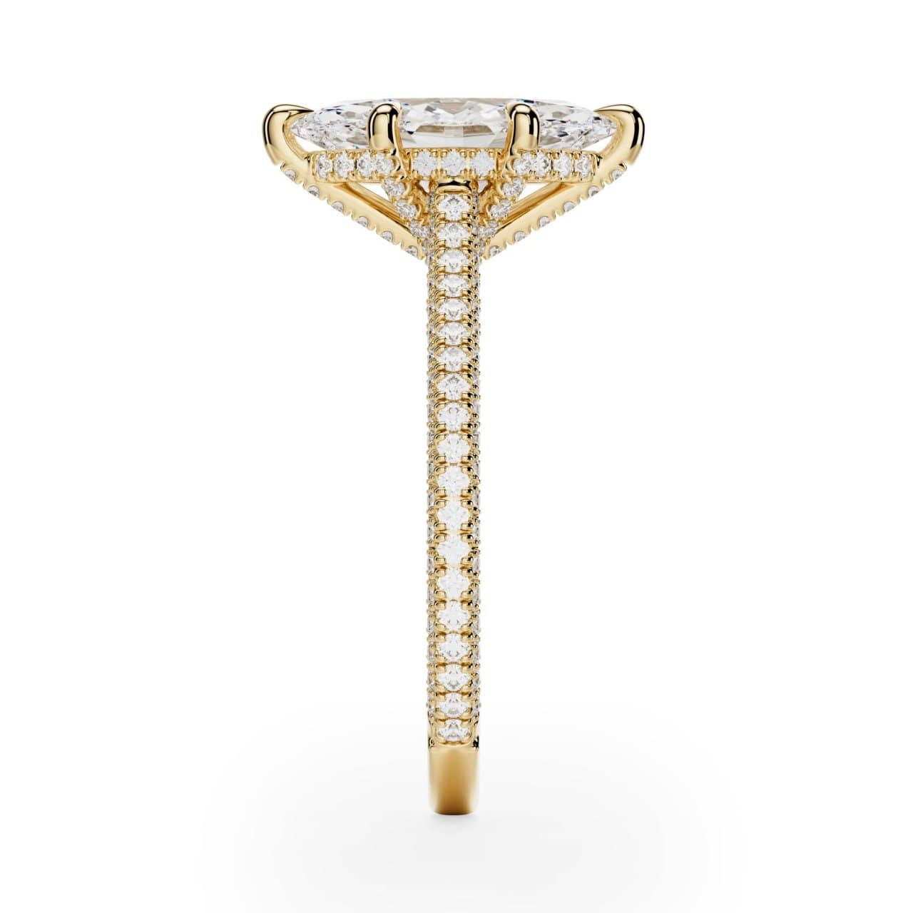 Side view of the marquise diamond ring showing the hidden-halo architecture and diamond-set gallery, photorealistic 3D render