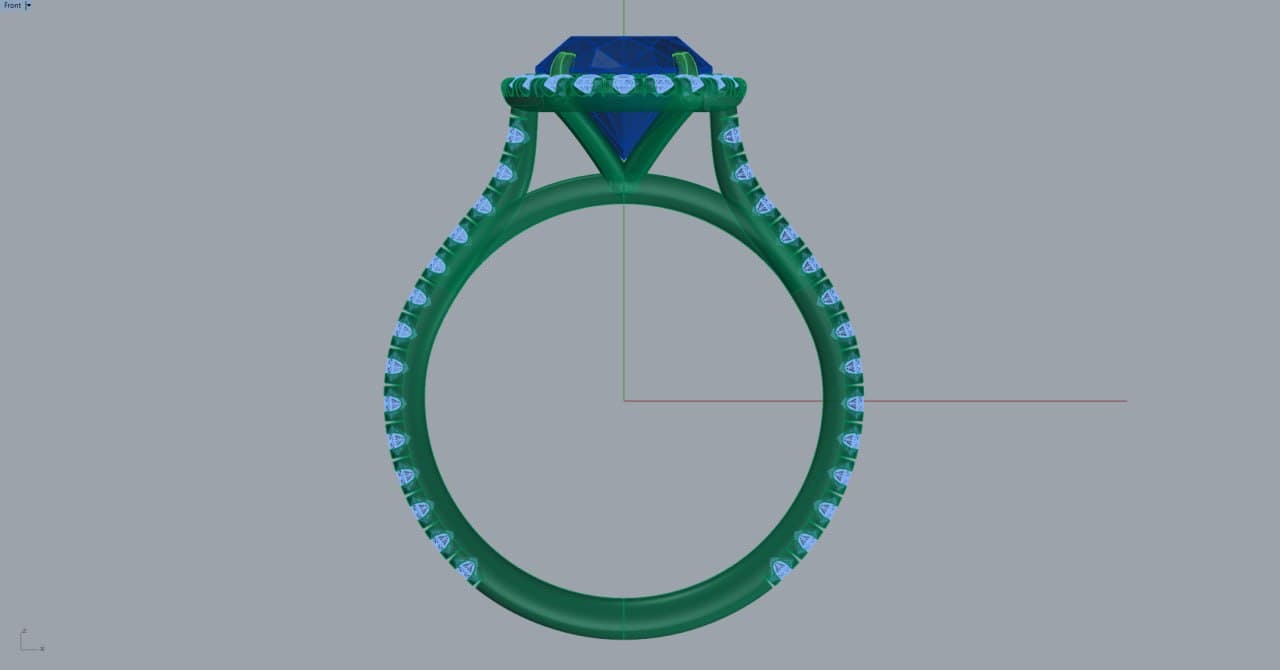 CAD front elevation of the halo and cathedral setting, showing the pavé-set band and prongs modeled to manufacturing tolerances