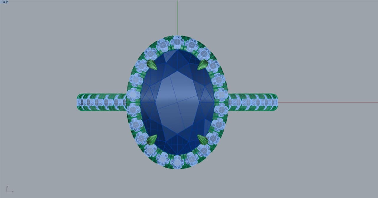 3D CAD wireframe top view of the oval halo engagement ring in Rhino/MatrixGold, center stone shown in the software's gem-preview color — the digital twin used to calculate metal weight, 4rend Studio