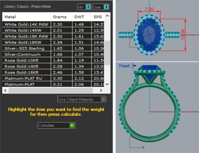 MatrixGold metal-weight calculator showing gram and pennyweight figures for the same engagement ring in white gold, sterling silver, rose gold and platinum, with 7x10 mm oval dimensions — 4rend Studio