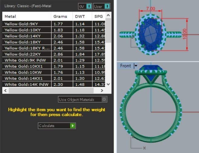 MatrixGold metal-weight calculator showing the same ring in 9K, 10K, 14K, 18K and 22K yellow gold with gram and pennyweight weights