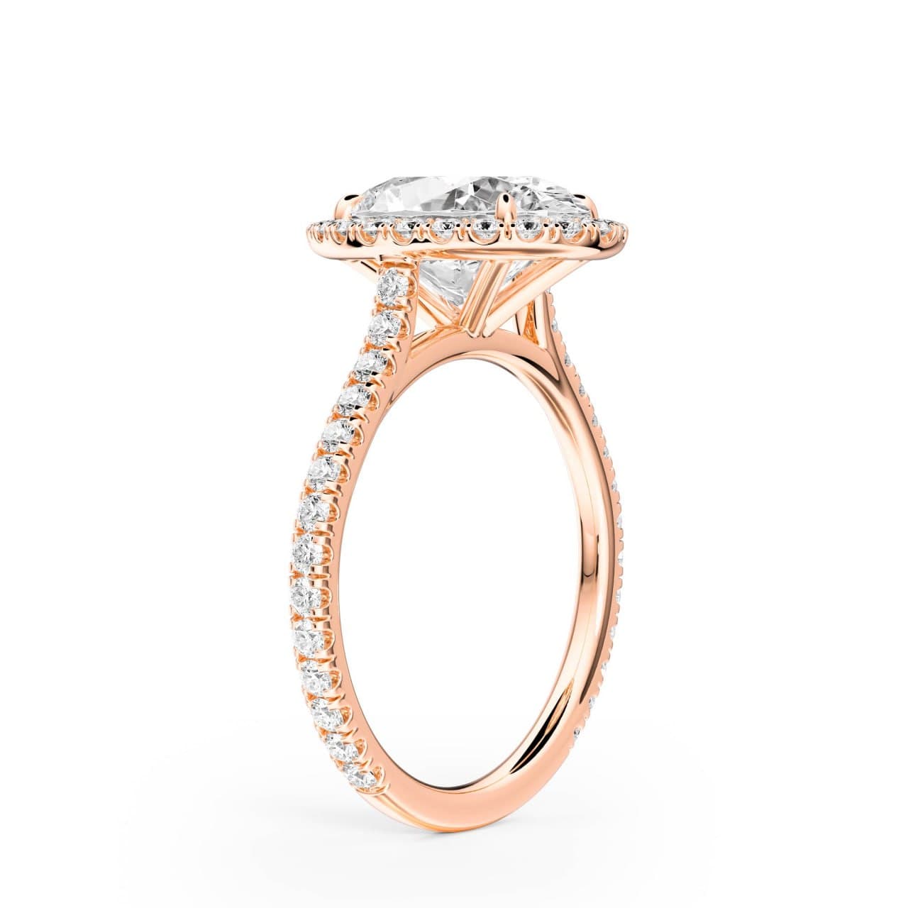Photorealistic 3D render of a cathedral halo oval pavé diamond engagement ring in rose gold, three-quarter angle — the ring weighed in 11 metals in this article, rendered by 4rend Studio