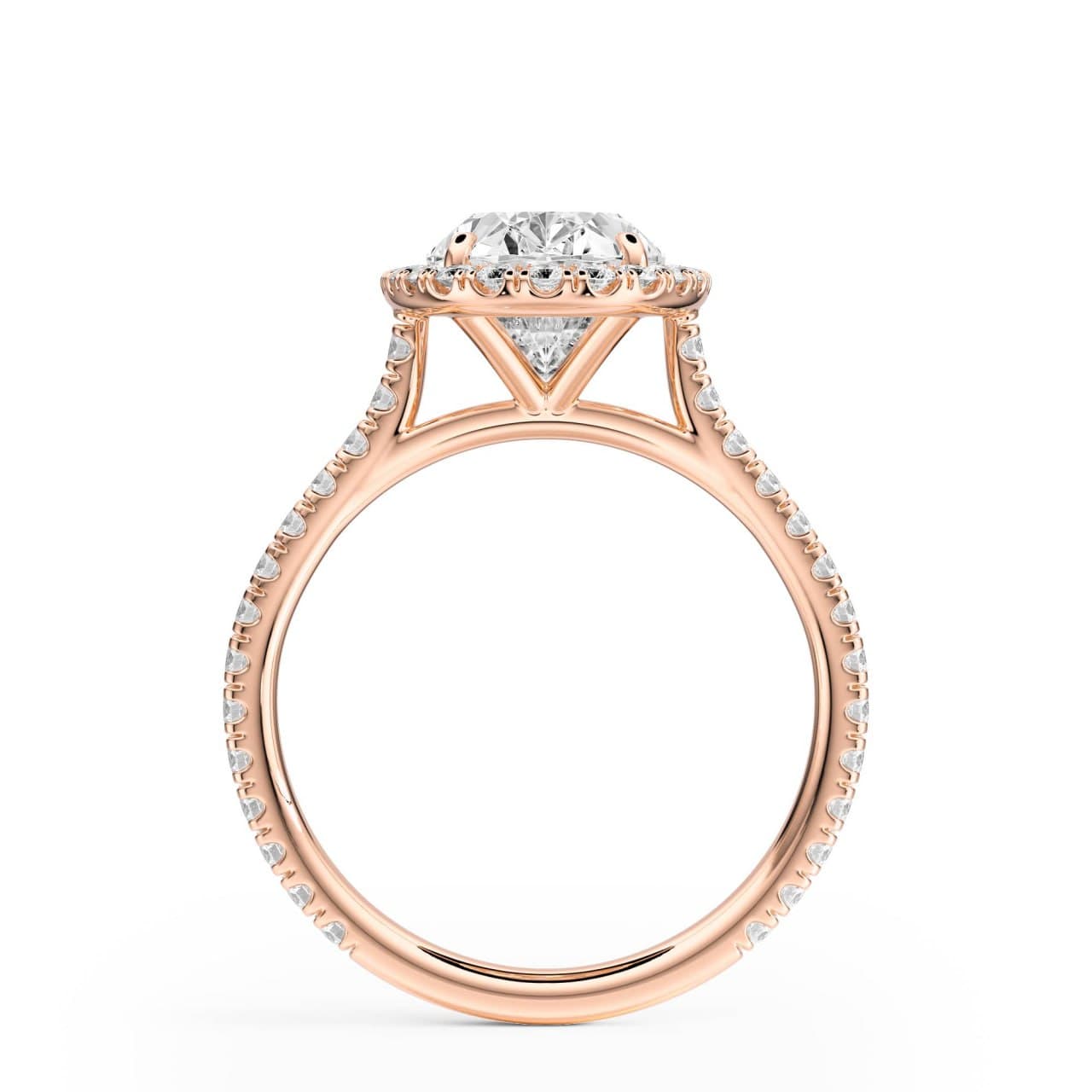 Rose gold cathedral halo oval engagement ring, standing profile view showing the halo, cathedral V and pavé band — photorealistic 3D render by 4rend Studio