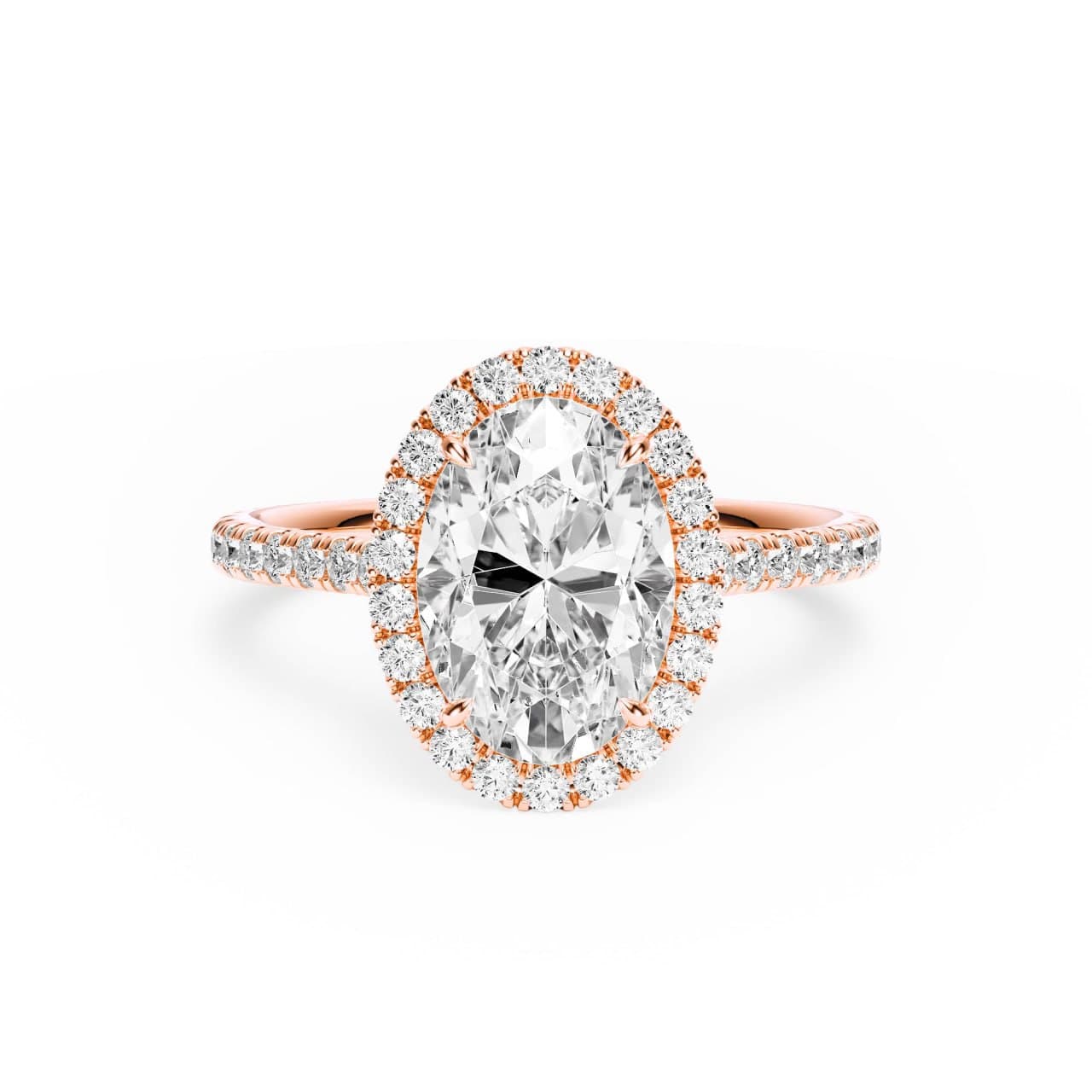 Top-down photorealistic render of the cathedral halo oval pavé diamond engagement ring in rose gold, showing the oval center diamond, halo and pavé band — 4rend Studio
