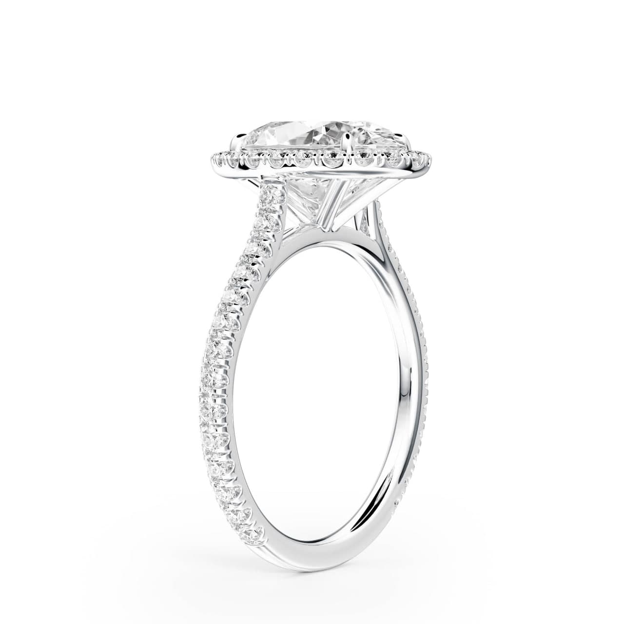 White gold cathedral halo oval pavé engagement ring, three-quarter angle render