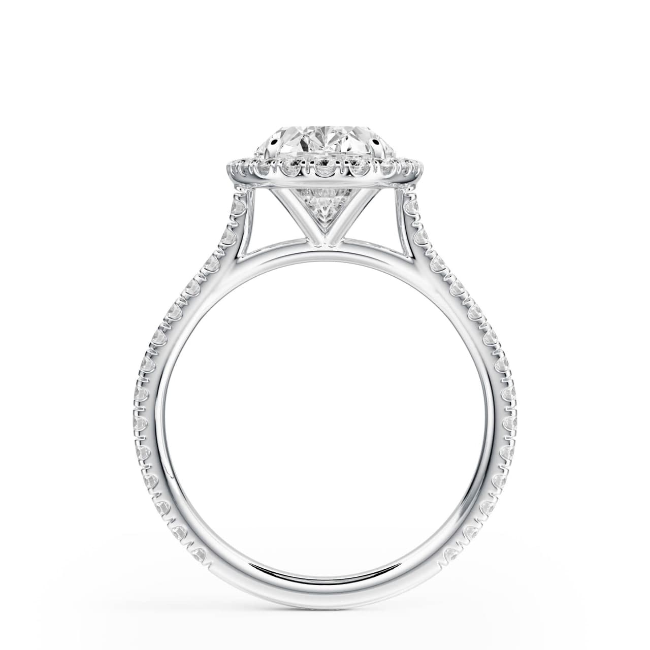 White gold cathedral halo oval engagement ring, standing profile view — photorealistic 3D render by 4rend Studio