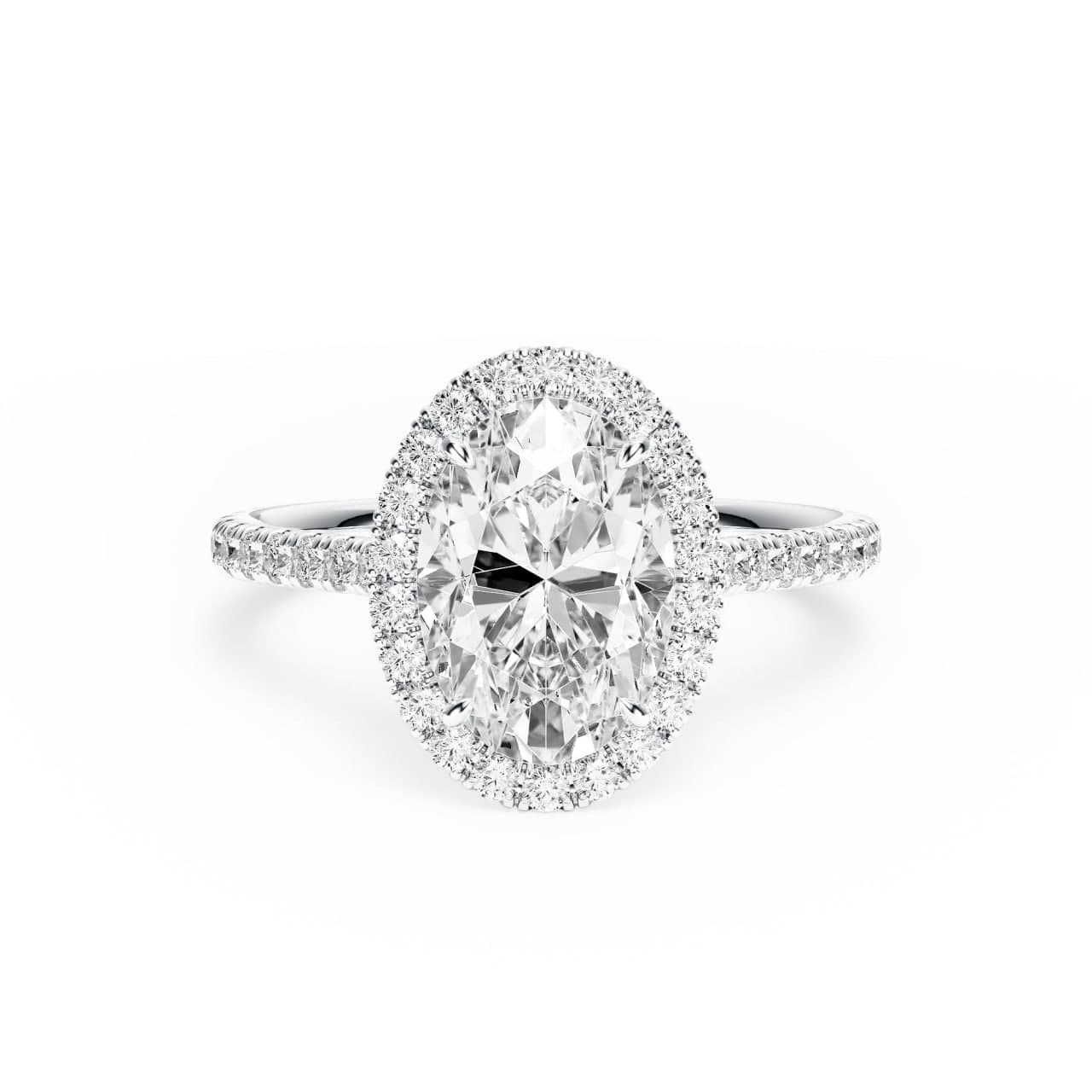 Top-down render of the white gold cathedral halo oval engagement ring, showing the oval center diamond and halo