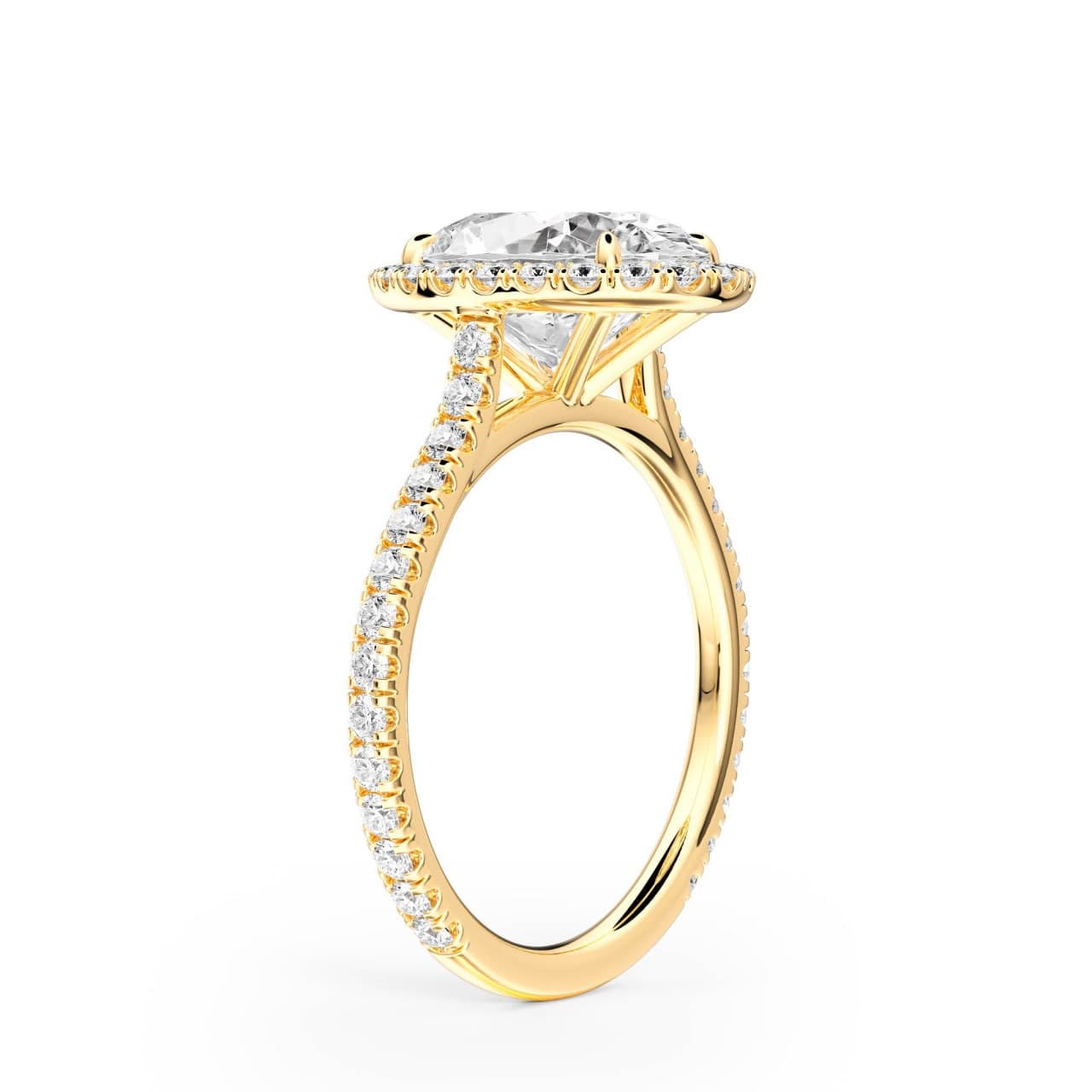 Yellow gold cathedral halo oval pavé engagement ring, three-quarter angle render