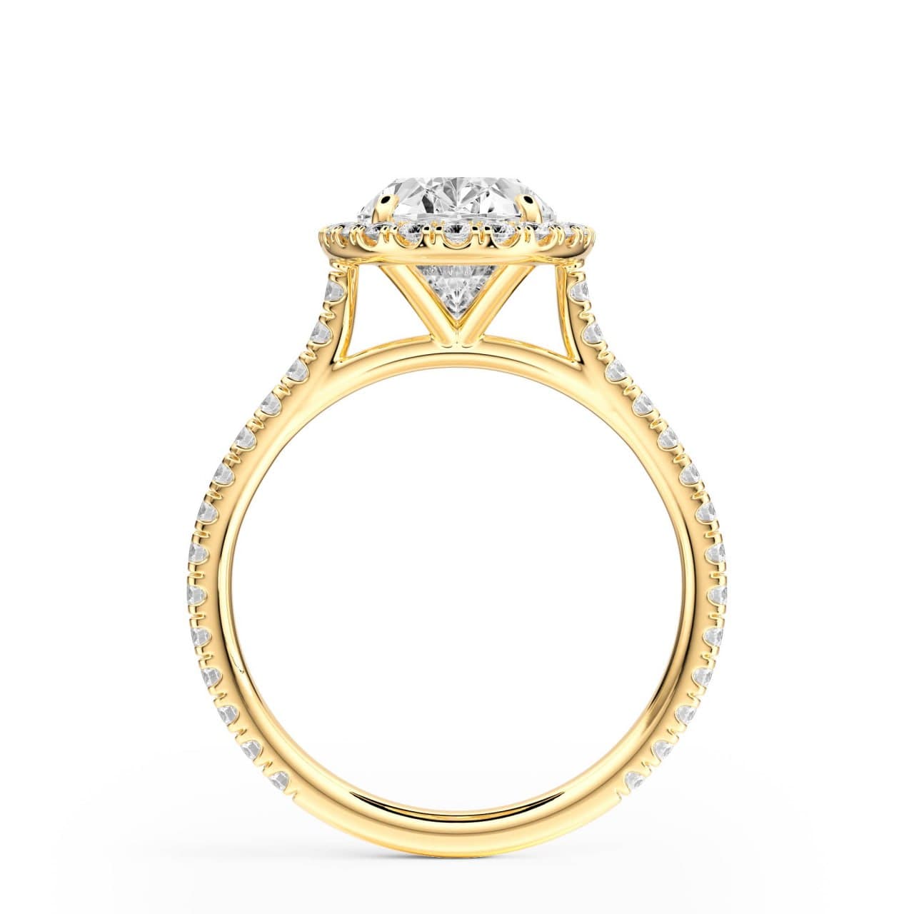 Yellow gold cathedral halo oval engagement ring, standing profile view — photorealistic 3D render by 4rend Studio