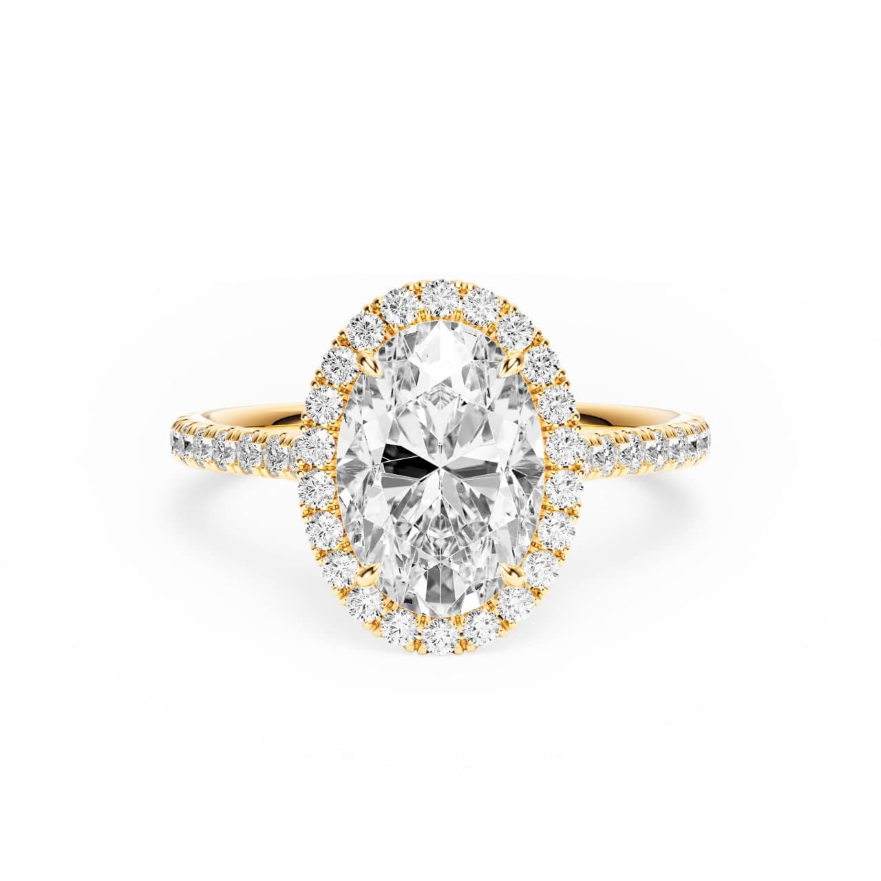 Top-down render of the yellow gold cathedral halo oval engagement ring, showing the oval center diamond and halo