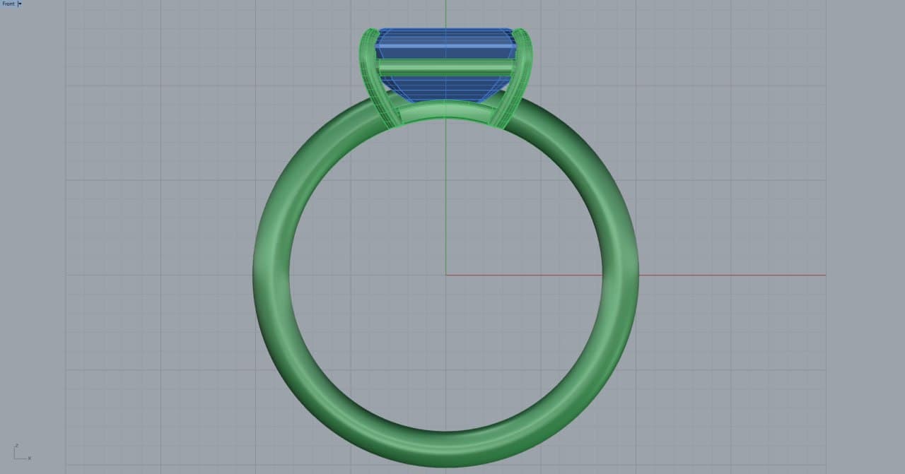 CAD front view of the minimalist solitaire showing the slim contoured band and four-claw east-west setting modeled to manufacturing tolerances