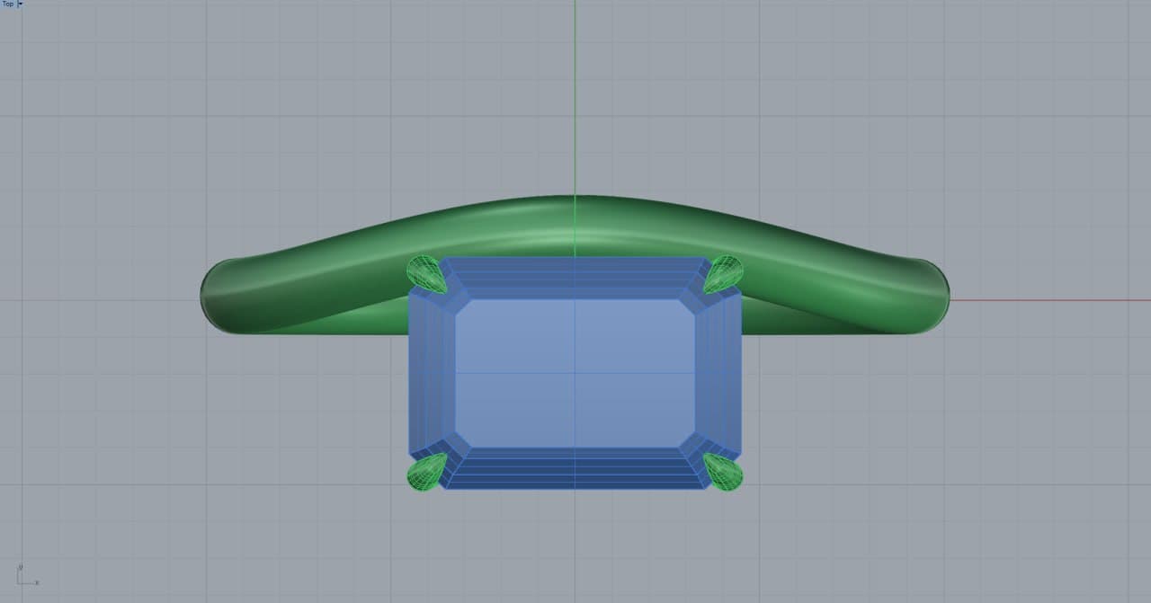 3D CAD wireframe top view of the east-west emerald-cut solitaire ring in Rhino, center stone shown in the software's gem-preview color — precise minimalist geometry, 4rend Studio