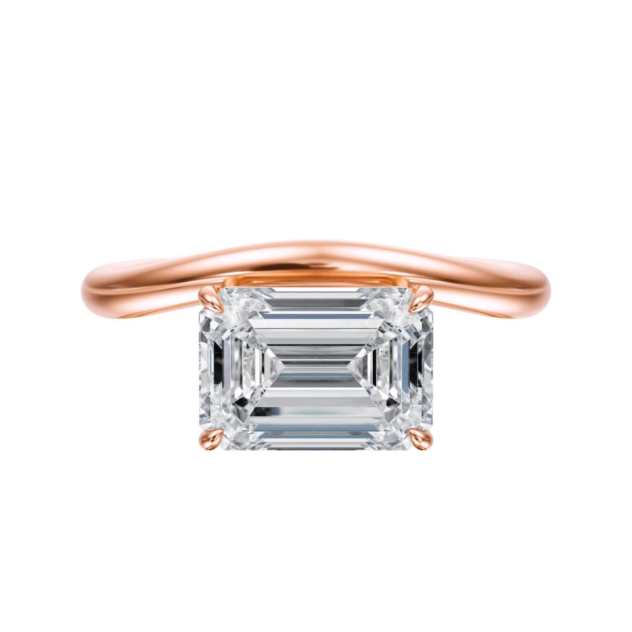 Photorealistic 3D render of a minimalist east-west emerald-cut solitaire engagement ring in rose gold on a contoured band — the defining US engagement ring look, by 4rend Studio