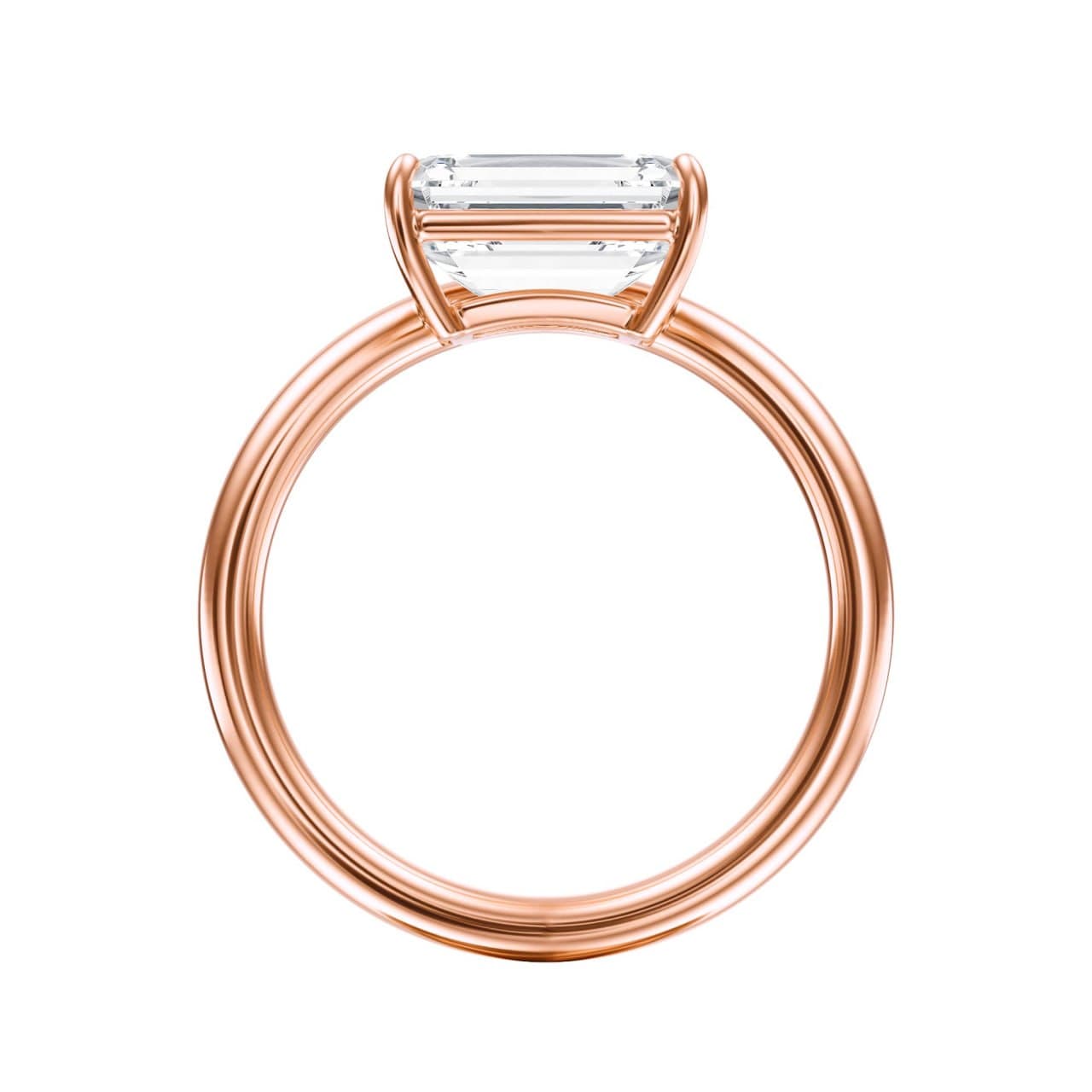 Standing profile render of the minimalist east-west solitaire in rose gold, showing the low setting and contoured band