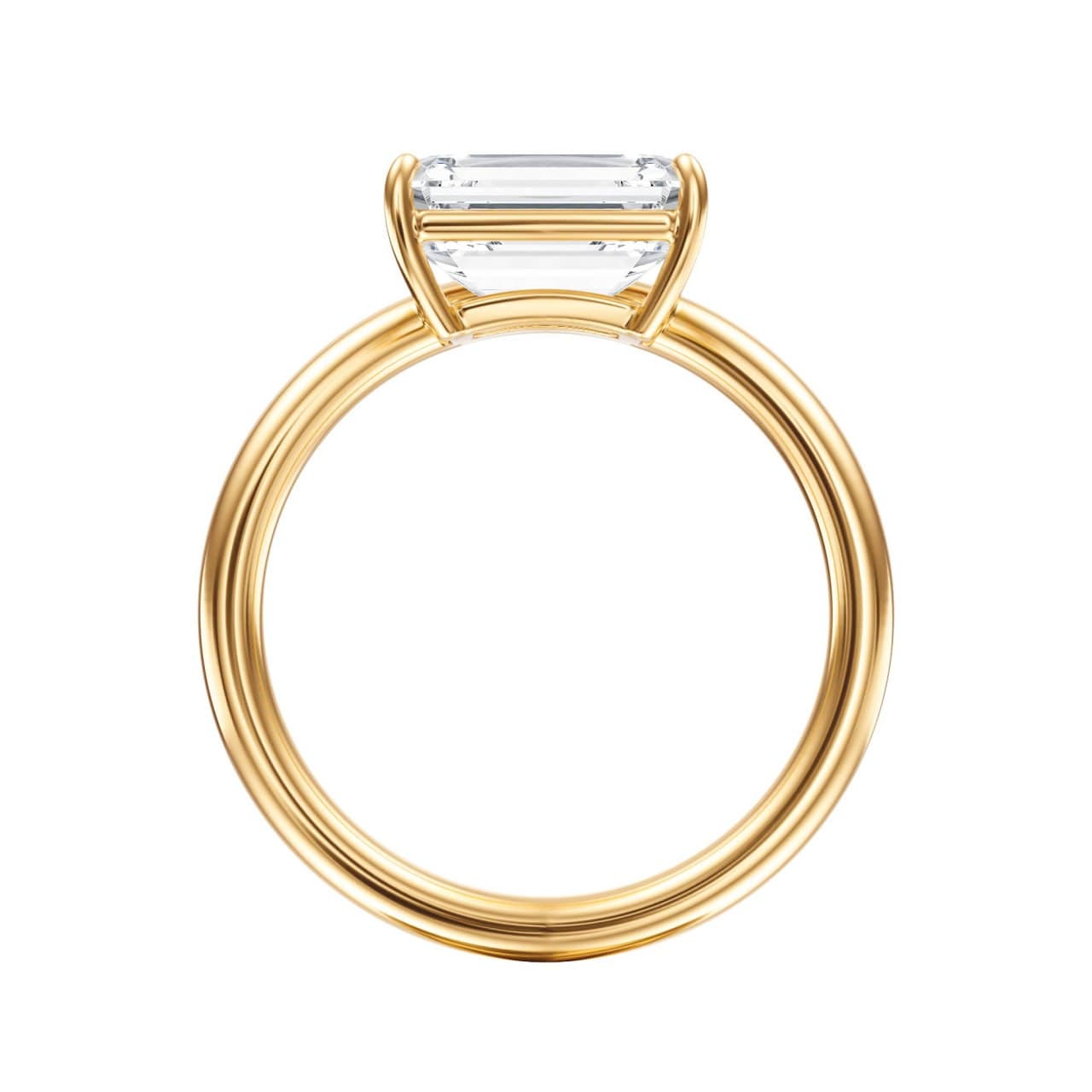 Three-quarter angle render of the east-west emerald-cut solitaire in yellow gold