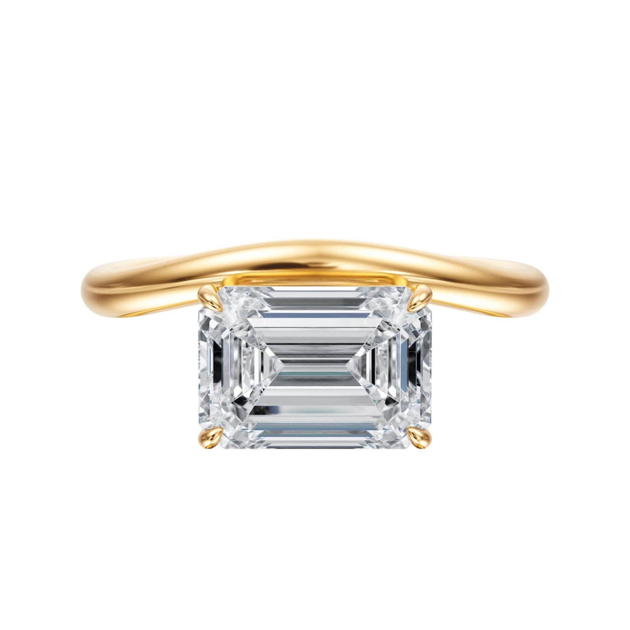 East-west emerald-cut solitaire engagement ring in yellow gold, front view — minimalist contoured band, photorealistic 3D render by 4rend Studio