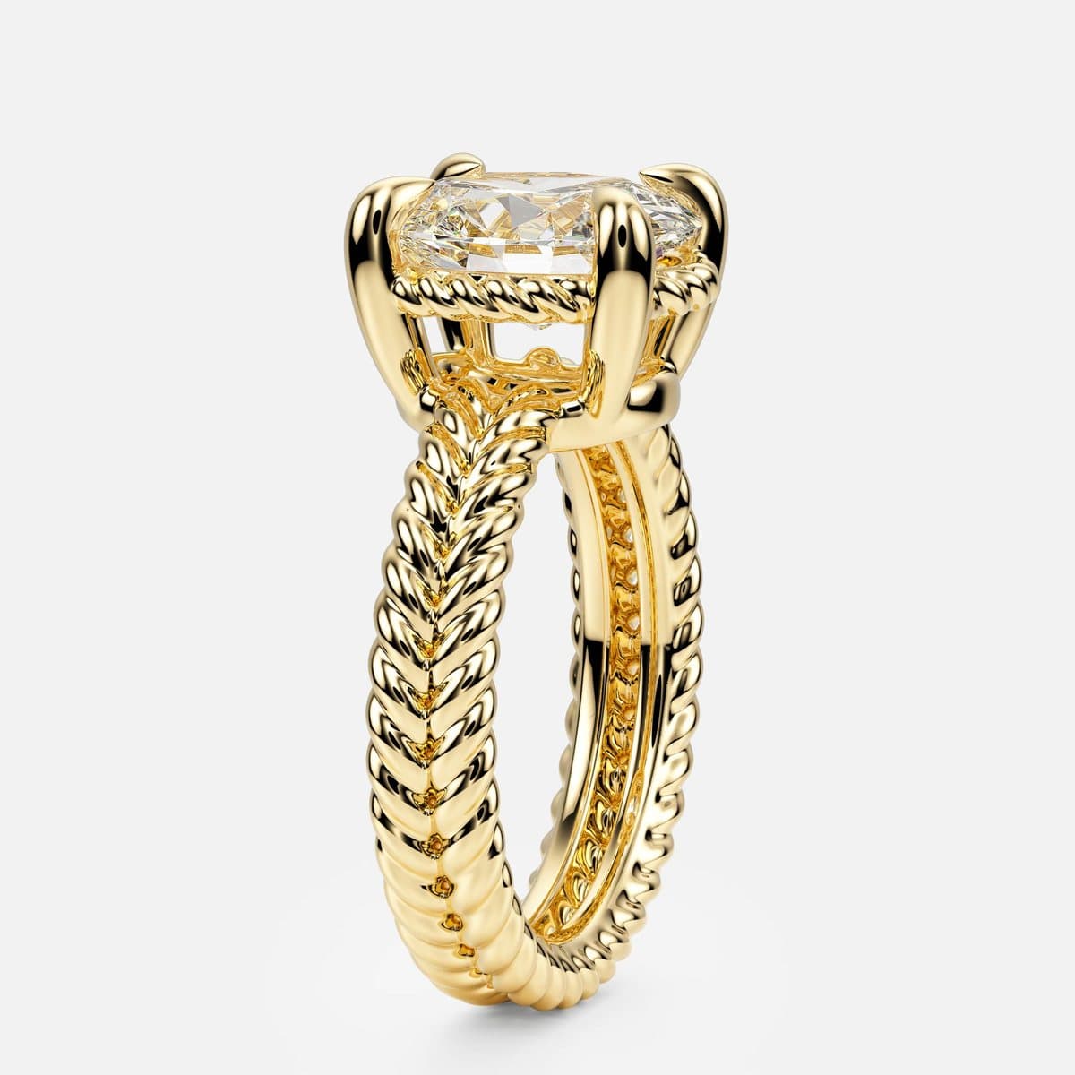 nanea Twin Rope engagement ring in yellow gold, side view showing the rope gallery under the centre stone
