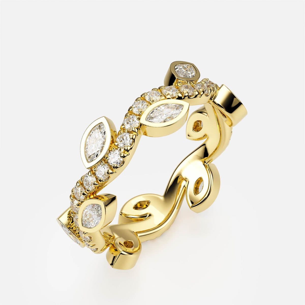 nanea Vine Leaf band in yellow gold with marquise-stone leaves