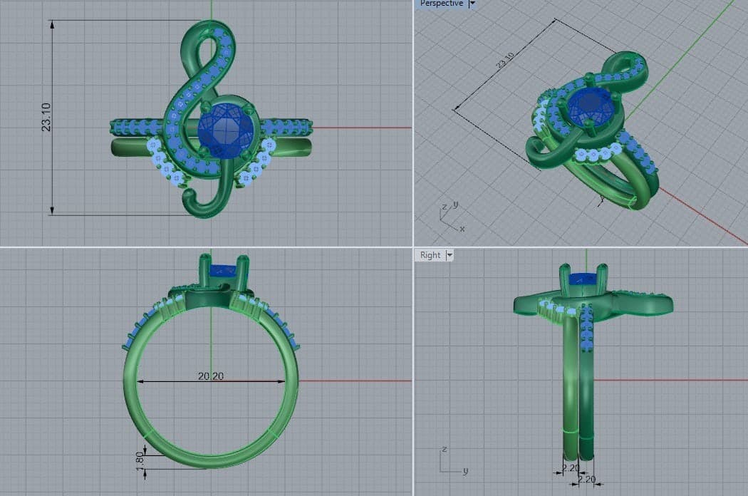Rhino CAD screenshot of the treble-clef ring set in four viewports — top, perspective, front and right — showing the wireframe diamonds and dimensions of 23.10 mm, 20.20 mm, 1.80 mm and 2.20 mm