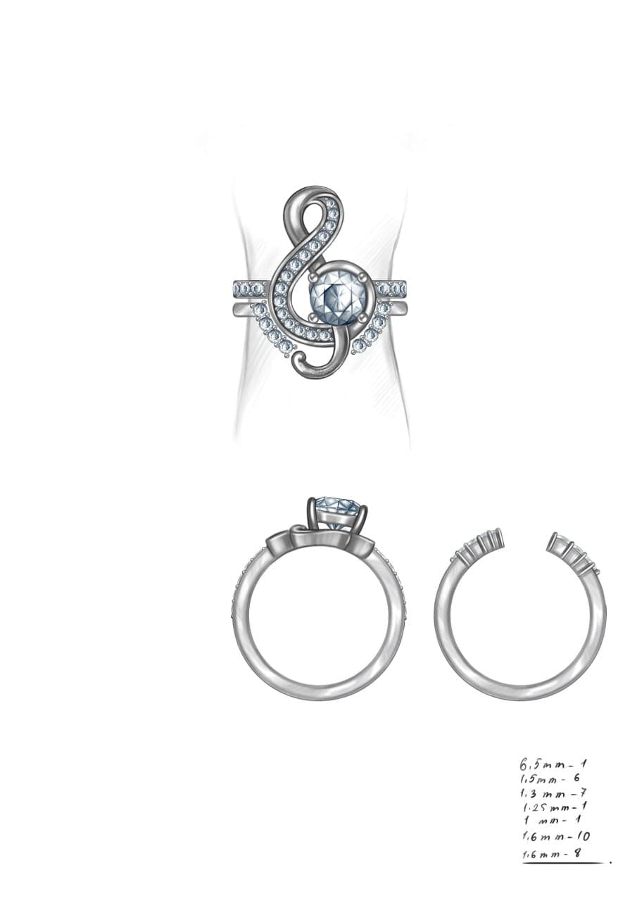 Hand-rendered concept sketch of a treble-clef engagement ring set with a round brilliant centre stone, pavé accents and a matching open wedding band, with stone diameters listed beside it