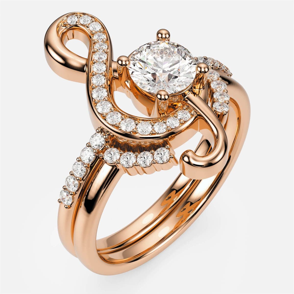 Rose gold version of the treble-clef engagement ring set with diamond pavé along the clef and both bands