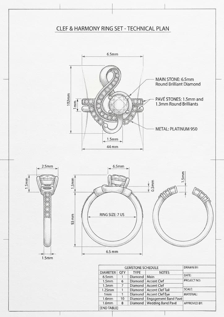 Dimensioned technical plan for the Clef & Harmony ring set showing top and side elevations, stone sizes, platinum 950 specification, ring size 7 US and a full gemstone schedule