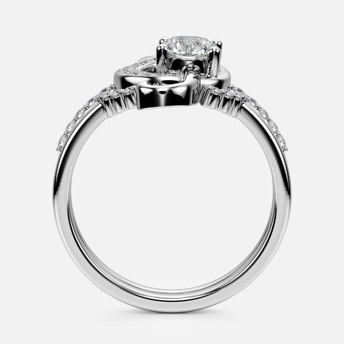 Front view render of the treble-clef engagement ring nested with its matching wedding band, showing how the two rails sit together