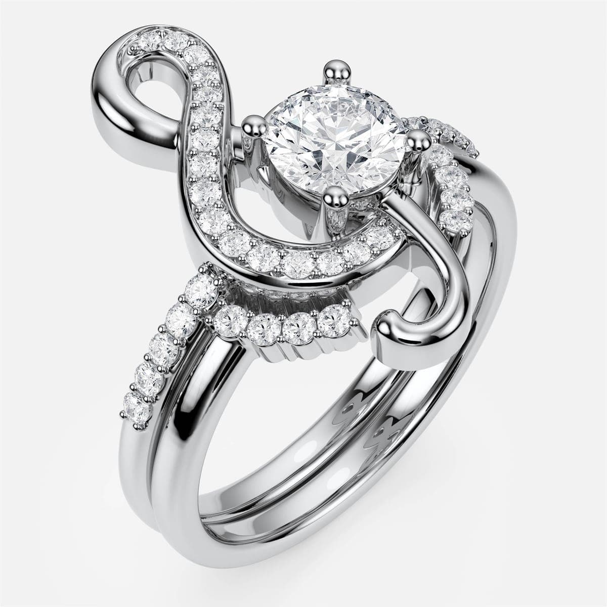 Photorealistic 3D render of a platinum treble-clef engagement ring with a 6.5 mm round brilliant diamond and pavé-set clef, nested with a matching pavé wedding band — custom jewelry CAD by 4rend Studio