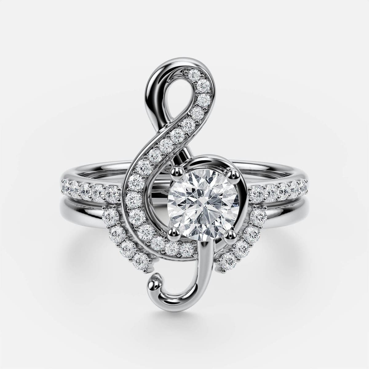 Top-down render of the treble-clef engagement ring showing the pavé running along the clef and the centre stone in its four-prong setting